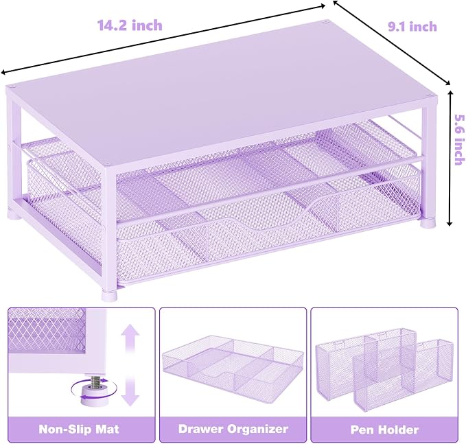 OPNICE Desk Organizers and Accessories, 2-Tier Computer Monitor Stand Riser with Drawer and 2 Pen Holders, Laptop Stand, Office Desk Accessories & Office Decor for Women, Purple - Image 3