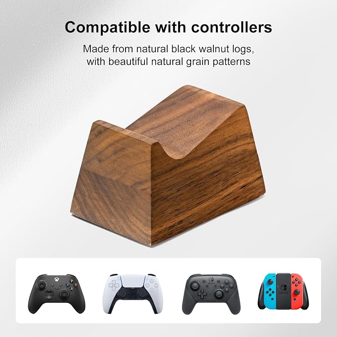 UPERGO Walnut Headphone Stand with Controller Holder & Storage Base | Solid Wood Grain, Gear & Charger Storage, Gamer Gift for PS5 Xbox Controllers, Desk Accessories - Image 5