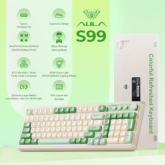 AULA S99 Gaming Keyboard, Wireless Green Creamy Computer Keyboards | Tri-Mode Bluetooth/2.4GHz/USB-C Membrane Keyboard with Number Pad,99Keys,RGB Backlit,Programmable,Creamy Silicone Structure - Image 2