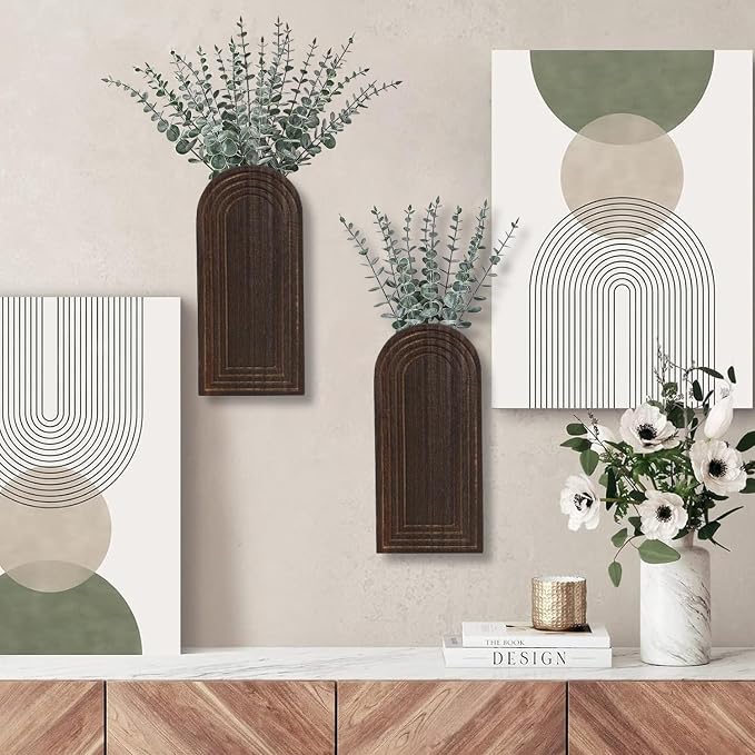 Dnnnii 2 Pack Wooden Wall Vase Set - Dark Brown Finish Modern Farmhouse & Boho Wall Decor for Entryway, Hallway, Bathroom, Living Room, Dining Room, Narrow Spaces - Image 4