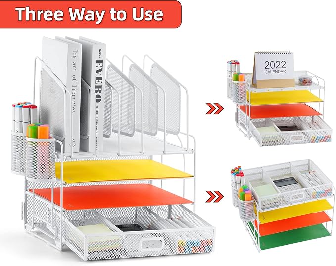 Marbrasse Desk Organizers, 4-Tier Mesh Desk File Organizer with 5 Vertical File Holders and 2 Pen Holders, Multifunction Desktop Organizer,Desk Organizers and Accessories for Home Office (White) - Image 3