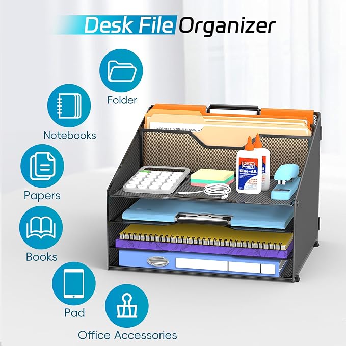 Desk File Organizer, 4 Letter Trays and 2 Upright Sections, Black | Paper Organizer for Desk with Tiered Letter Trays and Vertical File Holders for Home Office, School and Workspace Use - Image 3