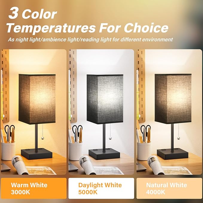 Black Lamp for Bedroom - 3 Color Temperatures, USB A+C, 2 AC Outlets | Pull Chain Switch, LED Bulb Included, Black Fabric Shade, 17.4" Table Lamp for Nightstand, Desk, Living Room, Office - Image 3