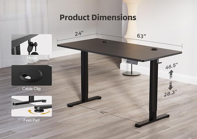 YDN 63 x 24 Inch Black Electric Standing Desk | Adjustable Height, Sit Stand, Cable Management, Ergonomic, Home Office - Image 3