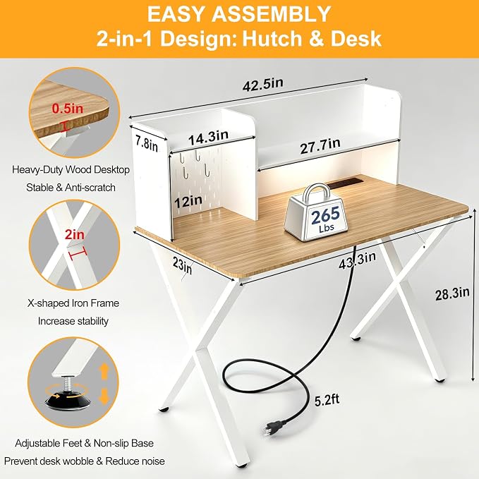 Lightdot 44"×24" White Computer Desk with Motion Sensor Light, Home Office Gaming Desk with Charging Station Pegboard, Modern Study Desk for Work Bedroom Game Kids Room Living Room - Image 2
