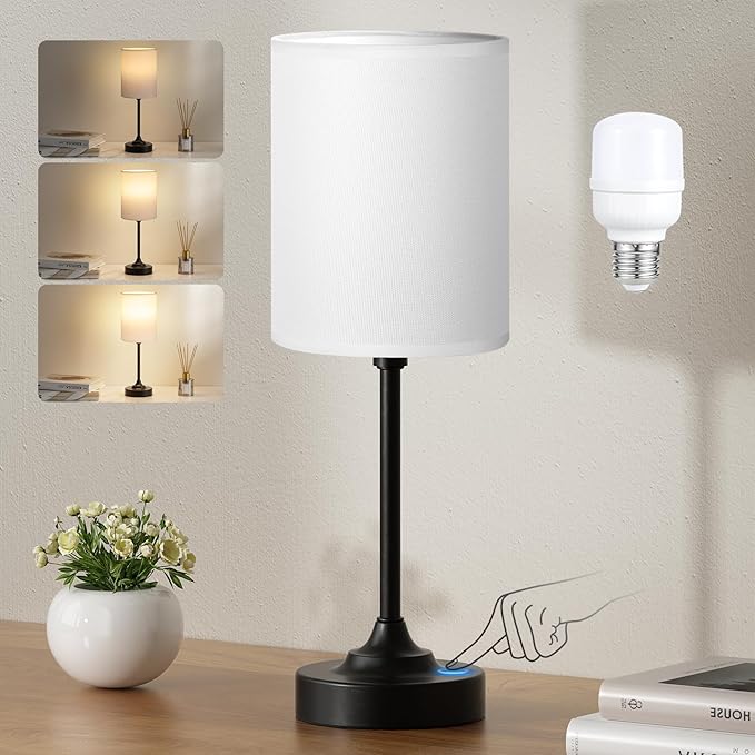 Fenmzee Touch Nightstand Bedroom Lamp - 3 Way Dimmable Bedside Lamp, Small Table Lamp Linen Lampshade for Office Desk, LED Bulb Included by Fenmzeelighting