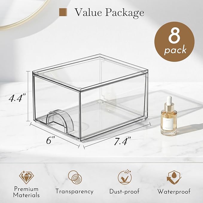 8 Pack Small Clear Stackable Acrylic Storage Boxes for Art Tool & Sketch, Storage Drawers, Storage Organizer, Clear Plastic Makeup Organizer, Ideal for Vanity, Cabinet, Desk Organization - Image 2
