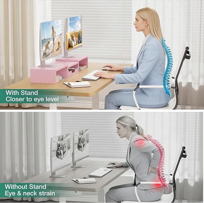 OPNICE Desk Organizers and Accessories, Dual Computer Monitor Stand Riser with Drawer, Office Decor for Women, Office Desk Accessories & Workspace Organizers for Home Office Supplies, Pink - Image 2