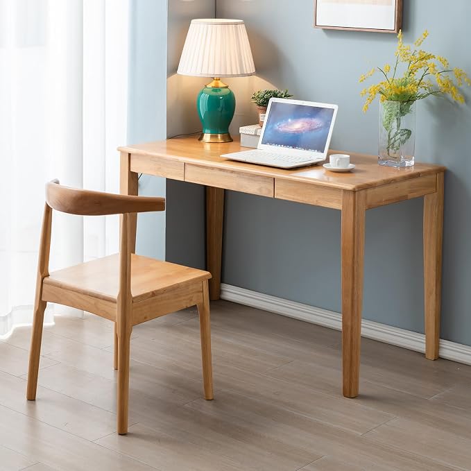Solid Wood Desk with Drawer, Wooden Home Office Desk for Work, Student Computer Desk for Small Spaces, Gaming Study PC Desk for Bedroom, Easy to Assemble (Teak Color 47 inch) - Image 2