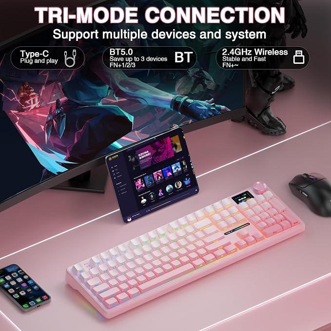 AULA F108 PRO - Wireless Mechanical Keyboard with Screen & Knob,Full Size Keyboard with 8000mAh Battery,Pre-lubed Switches,Side Printed PBT Keycaps,RGB Backlit Hot Swappable Custom Pink Keyboards - Image 4