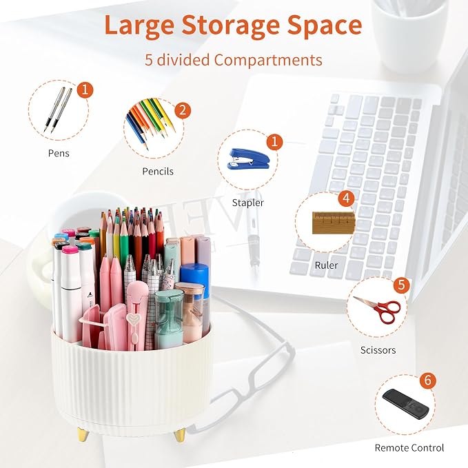 Desk Pencil Pen Holder, 5 Slots 360°Degree Rotating Pen Organizers for Desk, Desktop Storage Stationery Supplies Organizer, Cute Pencil Cup Pot for Office, School, Home, Art Supply, Beige - Image 3