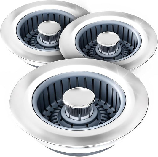 zaa 3 in 1 Kitchen Sink Drain Strainer Stopper Removable Basket Pop-Up | Kitchen Sink Accessories 3 Pack Silver Stainless - Food Catcher, Odor-Blocking Seal, Fits 3.5" Drain, Easy Clean by zaa