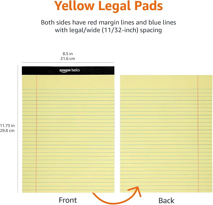 Amazon Basics Wide Ruled Lined Writing Pads, 8.5" x 11.75", Canary, 12-Pack of 50 Perforated Sheets, Sturdy Backing - Image 6