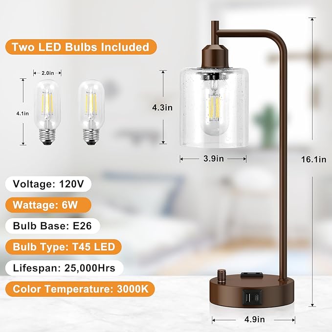 Innqoo Industrial Table Lamps for Bedrooms Set of 2 - Fully Dimmable Bedside Lamps with USB Ports and Outlet, Brown Nightstand Lamps with Glass Shade for Living Room, Desk Lamps for Office Reading - Image 6