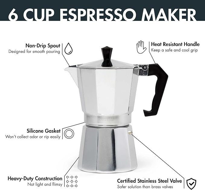 Primula Stovetop Espresso Maker and Handheld Electric Milk Frother Gift Set, Moka Pot for Classic Italian and Cuban Coffee, Cafetera, 6 Espresso Cups, Silver - Image 10