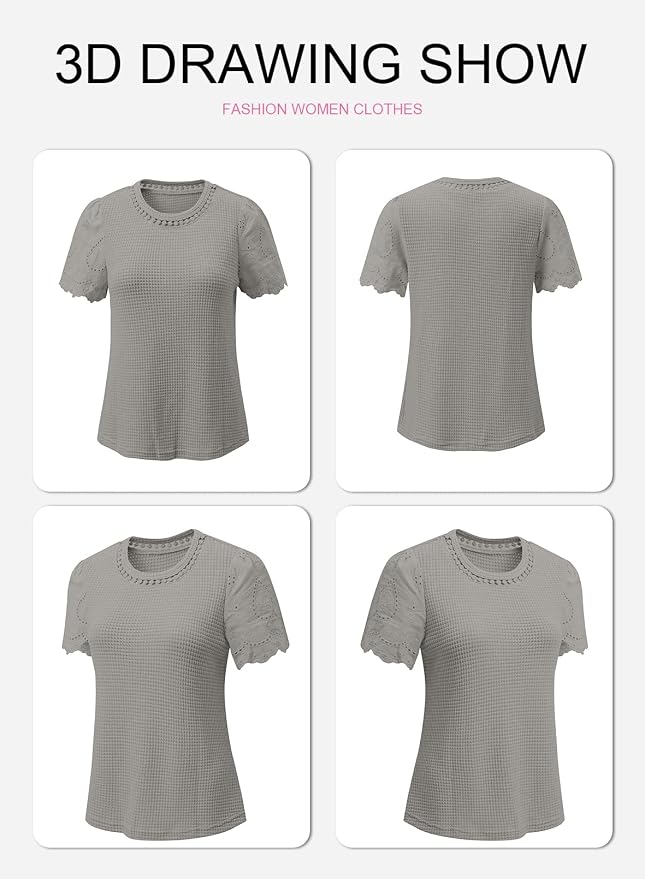 SHEWIN Womens Frenchy Summer Tops Crewneck Short Sleeve T Shirts Casual Waffle Knit Jacquard Blouses Top Shirts - Image 6