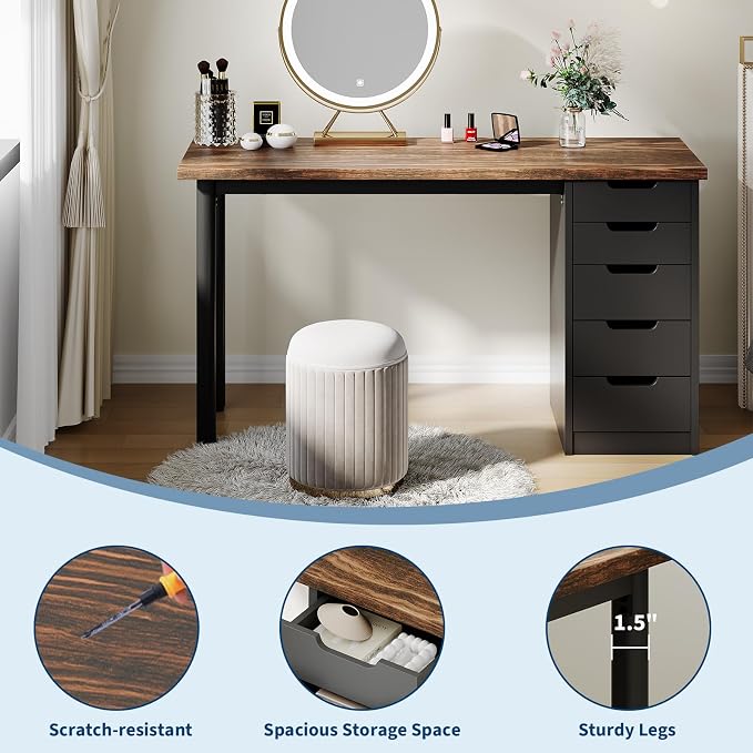 Garvee Computer Desk with 5 Drawers, 47 Inch Modern Simple Study Writing Desk with Storage, Rustic Home Office Desk, Reversible Computer Desk for Small Spaces, Apartments, Dorms, Brown+Black - Image 9