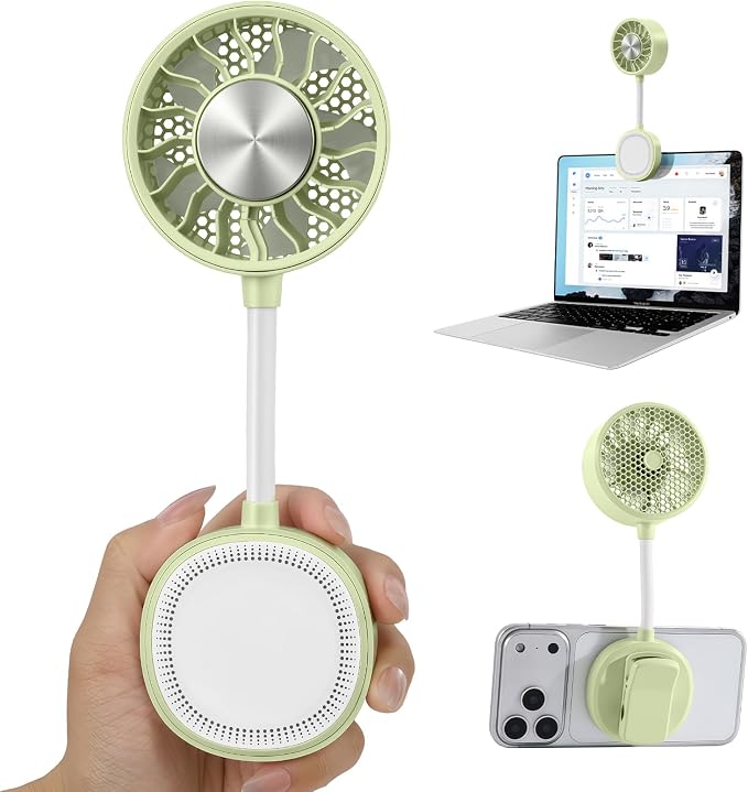 Magnetic Phone Fan with Ice Cooling, 3-in-1 Clip on Fan & Phone Stand, Rechargeable Mini Handheld Fan, 360° Flexible Gooseneck Portable Fan for Cruise Travel Desk Gym Makeup（Green） by Blissfuhue