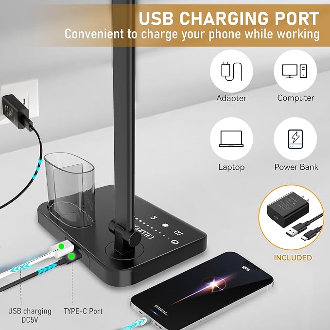 Retractable Dimmable LED Desk Lamp with USB Charging Port Desk Light | Height Adjustable 50 Lighting Modes Dual Swing Arm Architect Adjustable Table Lamp Light for Home Office Dorm Nail, Black - Image 4