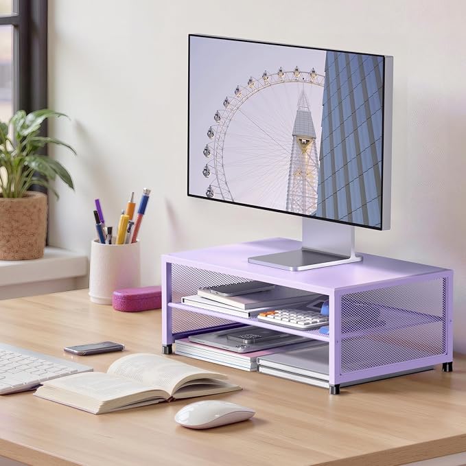 ECOLOVI 2-Tier Computer Monitor Stand Riser, Desk Organizer for Monitor, Printer & Laptop Stand, Desktop Workspace Organizers for Office Supplies(Purple) - Image 2