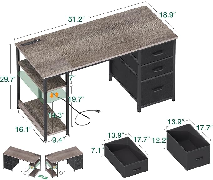 AODK 51 Inch Computer Desk with Drawers & USB Power Outlets | Reversible Home Office Desk with Storage Shelves, Work from Home, Modern Work/Writing/Study Table for Bedroom, Grey Oak - Image 7