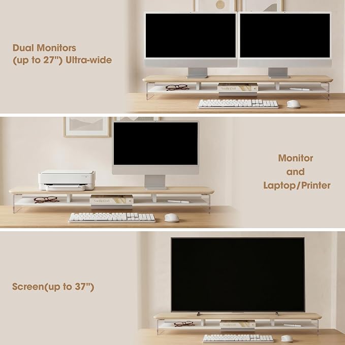 Fenge 42.5" Dual Monitor Stand with Clear Acrylic Legs, Oak | Clear acrylic, storage compartment, 2-tier home office monitor riser, wide large desktop shelf fit monitor/laptop/printer - Image 6