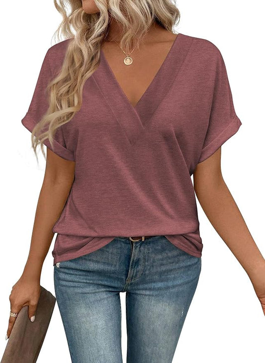 T Shirts Short Sleeve V Neck Tees Womens Tops Beach Vacation Fashion Clothes 2026 Casual Summer Spring Fall Outfits by EyMuseWomensTops