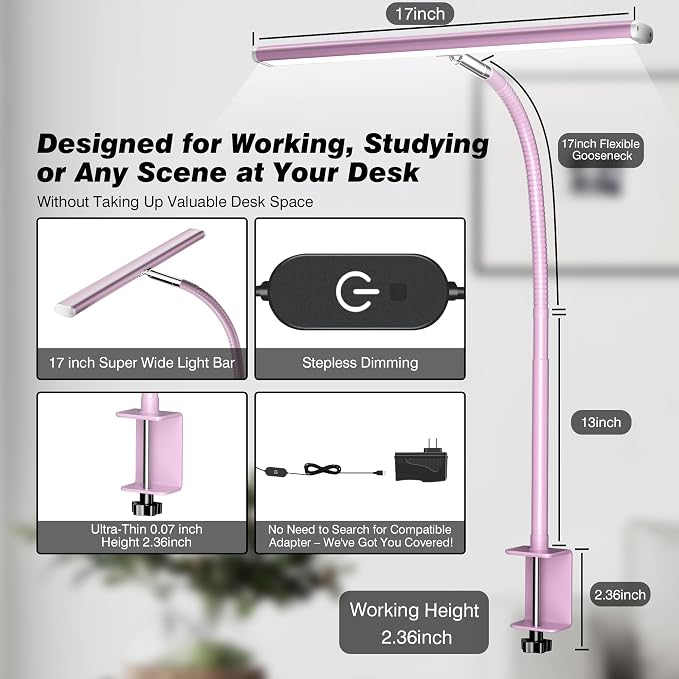 Airlonv LED Desk Lamp for Office Home, Eye-Caring Desk Light with Stepless Dimming Adjustable Flexible Gooseneck, 10W USB Adapter Desk Lamp with Clamp for Reading, Study, Workbench (Pink) - Image 3