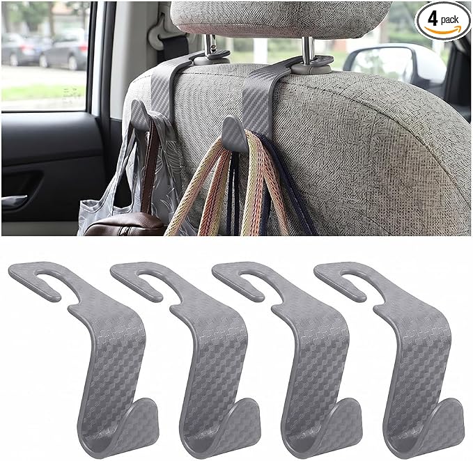 4PCS Car Seat Headrest Hooks, Auto Back Seat Hanger Holder, Durable Stylish Vehicle Organizer Universal Car Interior Accessories, Storage Hooks for Purses, Bags, Clothes (Carbon Fiber/Grey) by Hanemia
