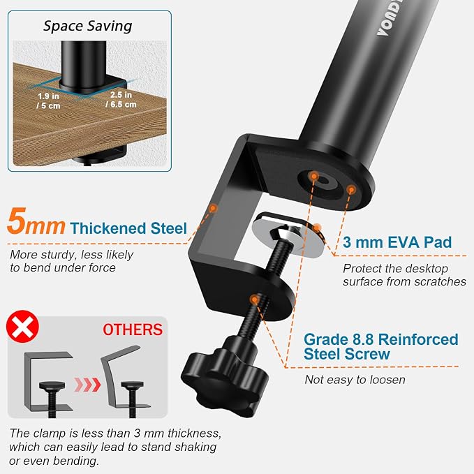 Vondynote Pair of Studio Monitor Stands Desk Clamp Speaker Stands 12°Tilt | Heavy Duty, 10.4"-15.4" Height Adjustable, for Monitor Speakers Laptop Projector CD Player - Image 5