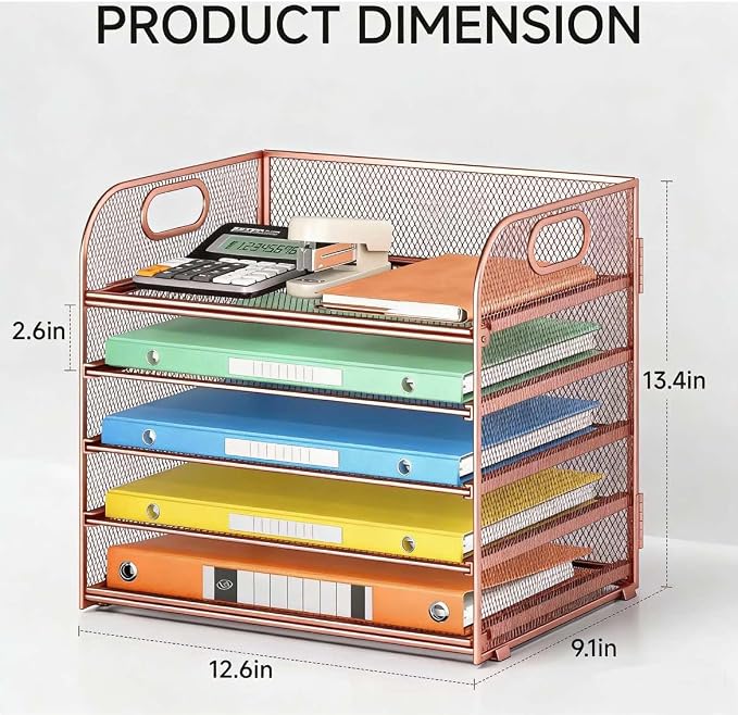 5 Tray Paper Organizer Letter Tray with Handle - Mesh Desk File Organizer, Paper Sorter Organizer for Office, Home or School File Folder Holder - Rose Gold - Image 2