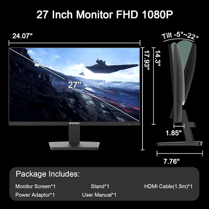 SANSUI 27 Inch Monitor,120Hz Computer Monitor Full HD 1920 x 1080P with HDMI DP Ports, 4000：1 Contrast, 110% sRGB, Eye Care, Frameless, 100 x 100mm VESA Mountable, for Work, Business, Gaming - Image 8