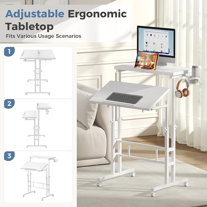 DUMOS Rolling Standing Desk, Sit Stand Desk, Computer Cart | Manual Height Adjustable, Split Top Mobile, Laptop Workstation, Portable Home Office, Walking Pad Study Surface, Modern White - Image 4