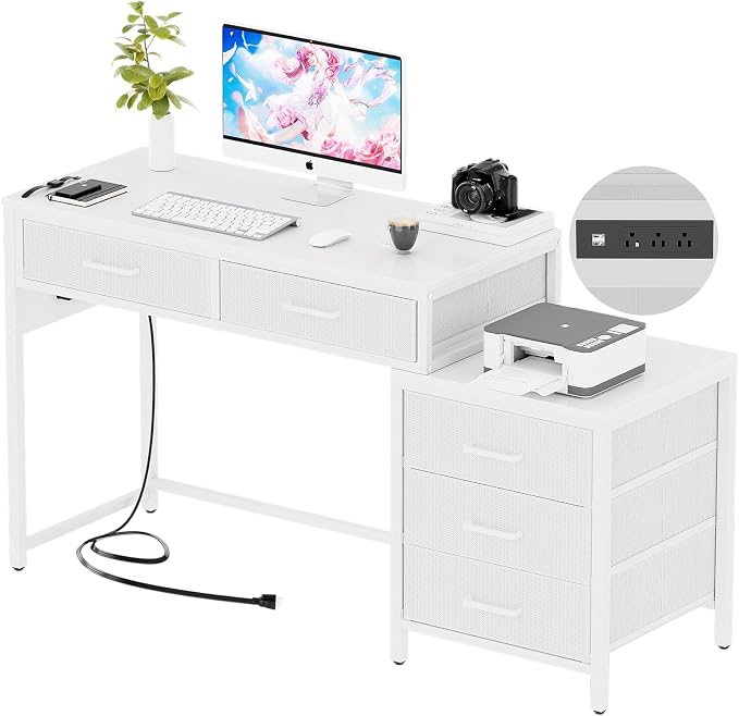Unikito Reversible Computer Desk with 5 Drawers, Sturdy Office Desk with Power Outlets and USB Ports, Study Writing Table with File Cabinet & Printer Stand, Vanity Desk with Storage, White by Unikito