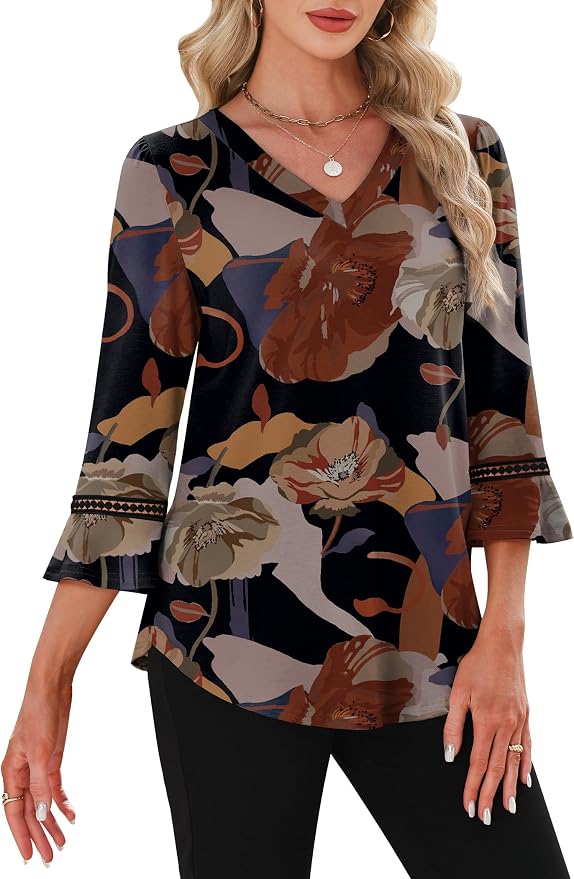 WIHOLL Womens Blouses Dressy Casual 3/4 Length Sleeve Tops Lace Trendy 2026 Spring Summer V Neck Shirts Vacation Outfits - Image 3