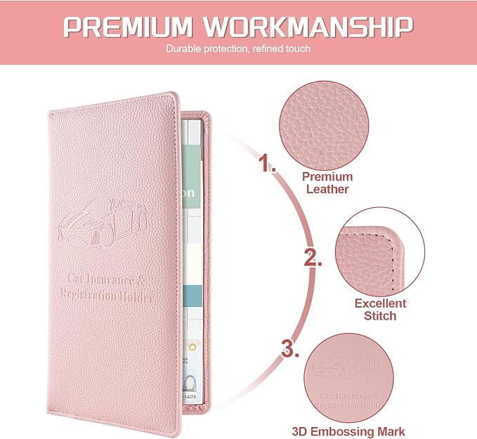 JUSTTOP 1Pack Car Registration and Insurance Holder,Car Document Holder for Cards License with Magnetic Shut,Vehicle Glove Box Car Organizer for Documents, Cards, License(Embossed leather Pink) - Image 4