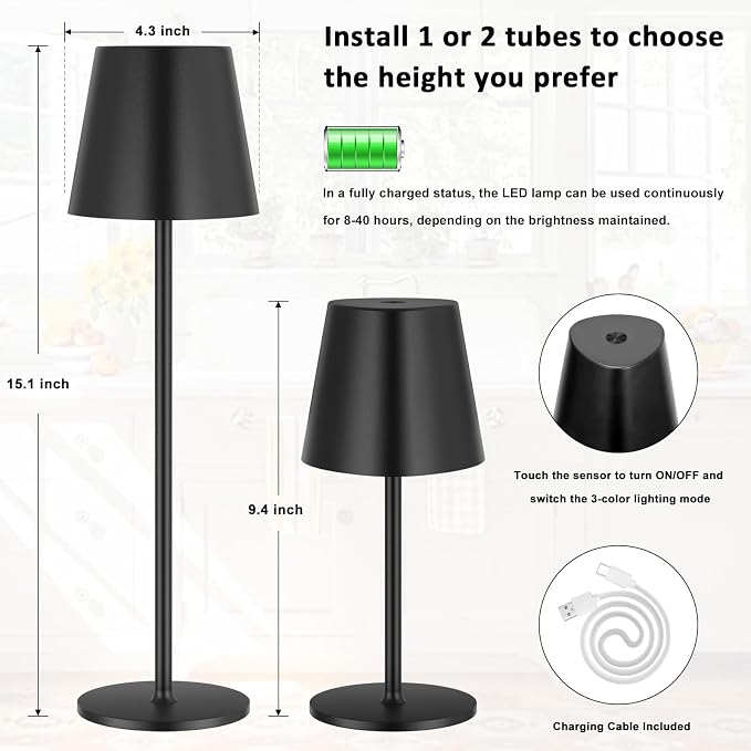 Kakanuo Cordless Table Lamp, 3 Color Stepless Dimming, 5000mAh Rechargeable Battery Powered, Outdoor LED Lamps, for Dining Room, Living Room, Bedroom, Bar, Cafe, Restaurant, Patio, Camping - Black - Image 9