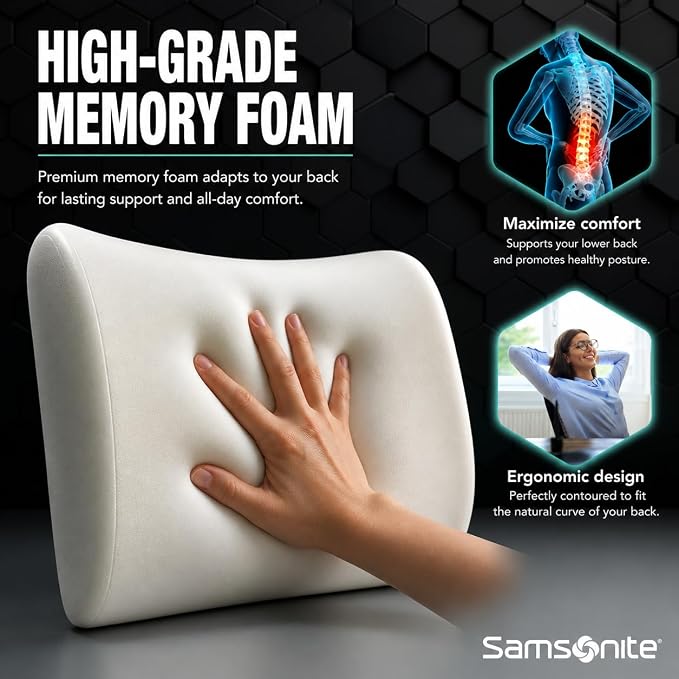 Samsonite Lumbar Support Pillow for Office Chair, Lower Back Support for Car, Back Pillow Desk Chair Cushion with Memory Foam, Improved Posture Backrest - Image 5