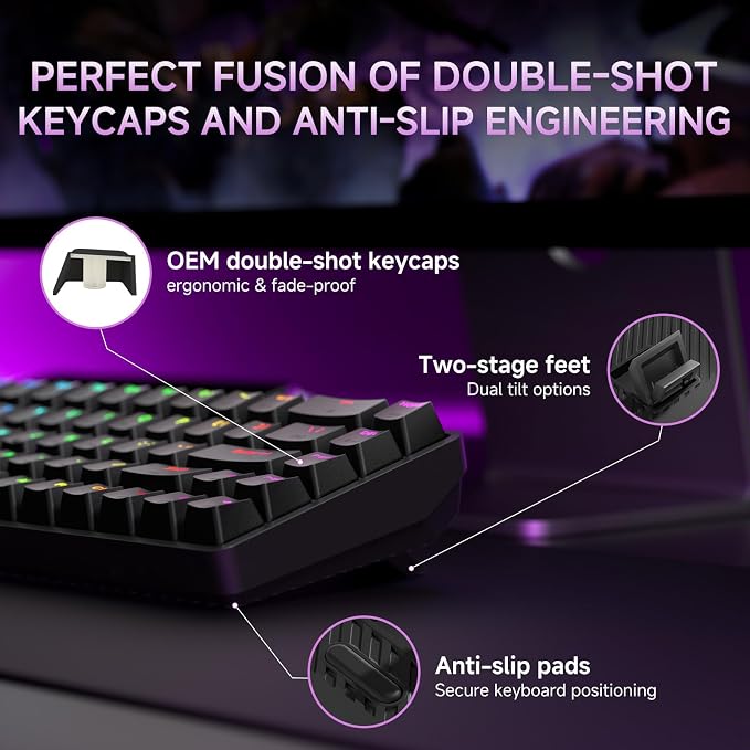 DIERYA DK68 60% Wireless Mechanical Gaming Keyboard, 3-Mode, Bluetooth 5.0/2.4G/USB-C, RGB Backlit, 68-Key Compact Mini for Windows, Mac, Linux - Linear Red Switch - Black - Image 7