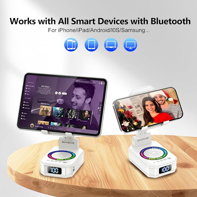 Cell Phone Stand with Wireless Bluetooth Speaker and Colorful LED Lights, 4-in-1 Multifunctional Phone Holder Support Fast Charging, Adjustable Desktop Stand for iOS Android White - Image 3