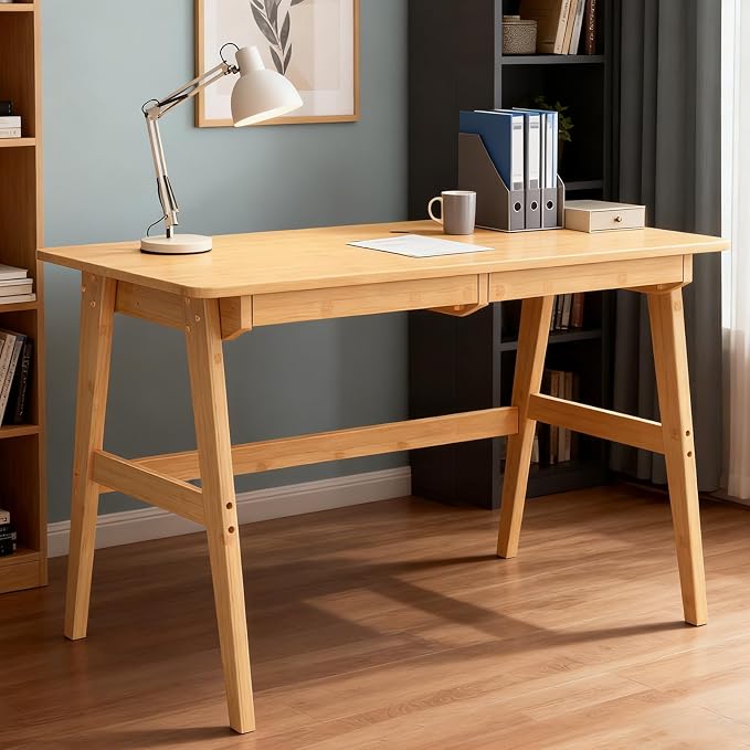 Nnewvante Writing Computer Desk 46" Bamboo Home Office Table with 2 Drawers, Modern Furniture Simple Study Makeup Workstation | Work Study Laptop Table for Bedroom, Modern Simple Style by Nnewvante