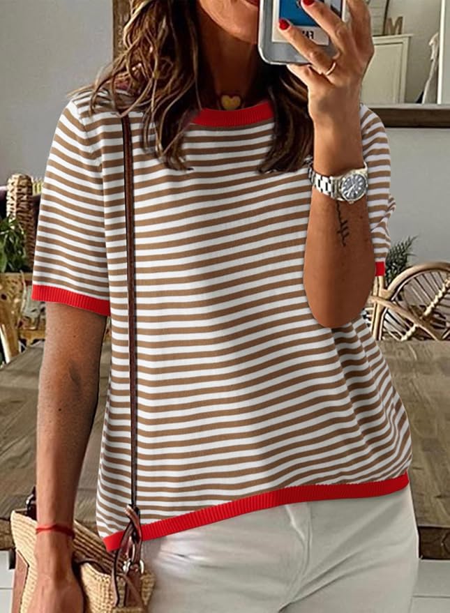 Dokotoo Womens Tops 2026 Casual Summer Crewneck Short Sleeve Striped Color Block Knit High Low Trendy Pullover Sweaters - Image 2