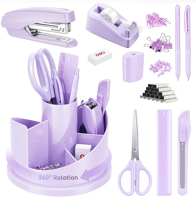 deli Office Supplies Set, Desk Accessory Organizer Kit, Purple | Stationary Set, Desk Supplies with Rotating Multi-Functional Pen Holder &Stapler Set for Office, School, Home by delioffice