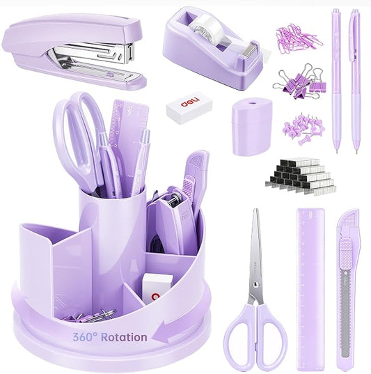 deli Office Supplies Set, Desk Accessory Organizer Kit, Purple | Stationary Set, Desk Supplies with Rotating Multi-Functional Pen Holder &Stapler Set for Office, School, Home by delioffice