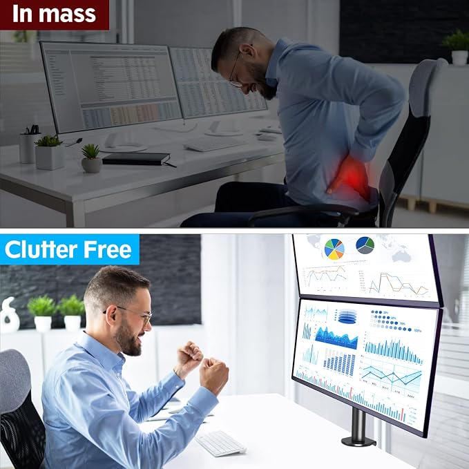 MOUNTUP Dual Monitor Stand, Vertical Monitor Mount for 2 Max 32 inch Stack Screen Monitors, Height Adjustable, Swivel, Tilt Monitor Desk Mount with C Clamp Grommet Base, Home Office - Image 8
