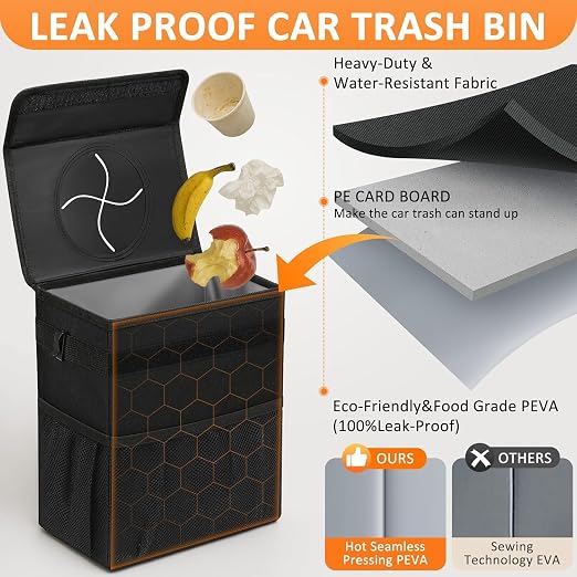 Vankor 3 Gallons Car Trash Can with Lid, Bag Bin Hanging Waterproof Automotive Car Garbage Cans Leak Proof Vehicle Trash Can Black - Image 3