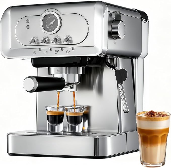 Espresso machine 20 Bar, Espresso Maker with Powerful Steam Milk Frother, Stainless Steel Coffee Machine with Fast Heating System for Latte, Cappuccino by Unknown