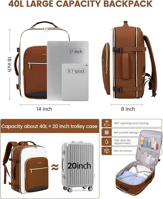 LOVEVOOK 40L Travel Backpack for Women & Men, Airline Approved Carry On Luggage with 3 Packing Cubes, TSA Overnight Bags, Waterproof Personal Item Bag, Weekender Essentials Backpacks fits 17" Laptop - Image 4