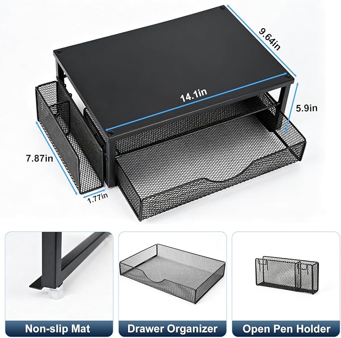 Spacrea Desk Organizer and Accessories, Computer Monitor Stand Riser with Drawer and 1 Open Pen Holder, Printer & Laptop Stand, Office Desk Accessories for Home Office Supplies (Black) - Image 5