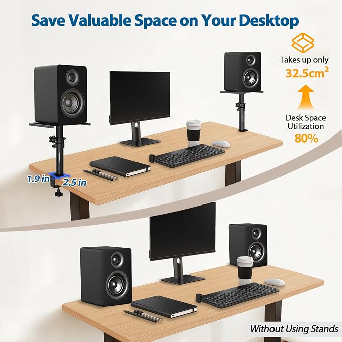 Vondynote Set of 2 Desktop Clamp Speaker Stands Short Studio Monitor Stands Height Adjustable - Image 3